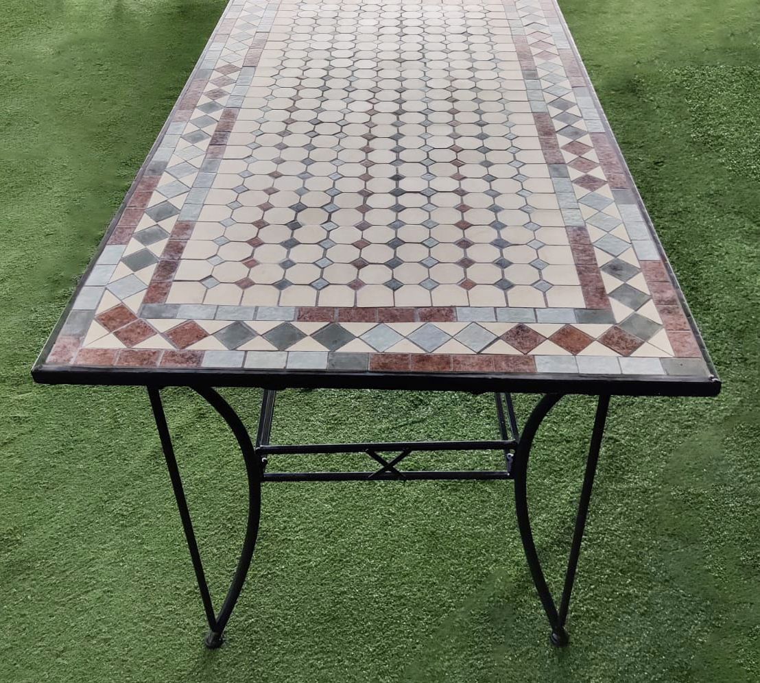 TAVOLO DA GIARDINO RETTANGOLARE CON MOSAICO IN FERRO BATTUTO CM